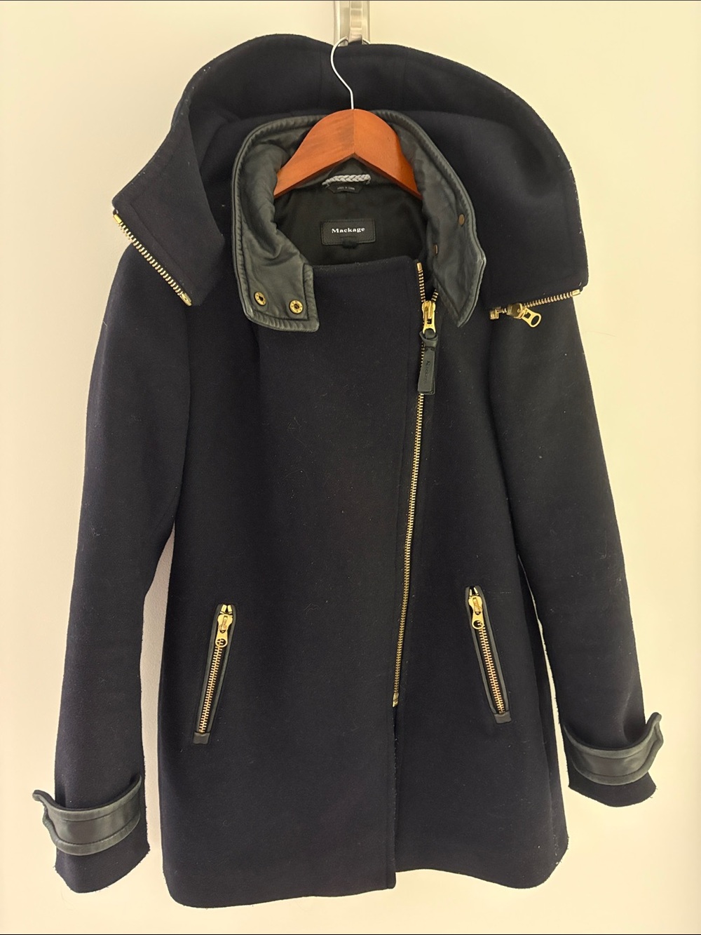 Mackage Women's Navy Pea Coat with Gold Hardware